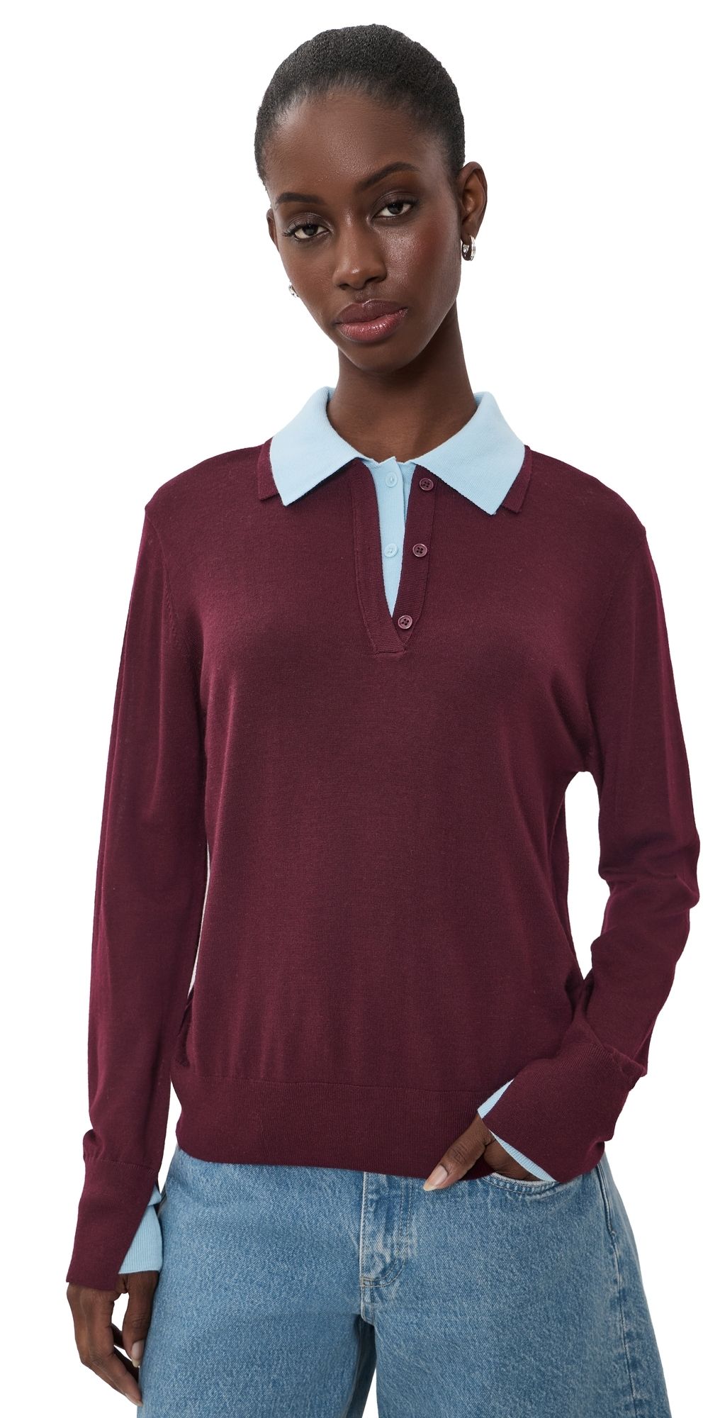 White & Warren Superfine Merino Wool Layered Polo Black Cherry/Light Blue Trim XS