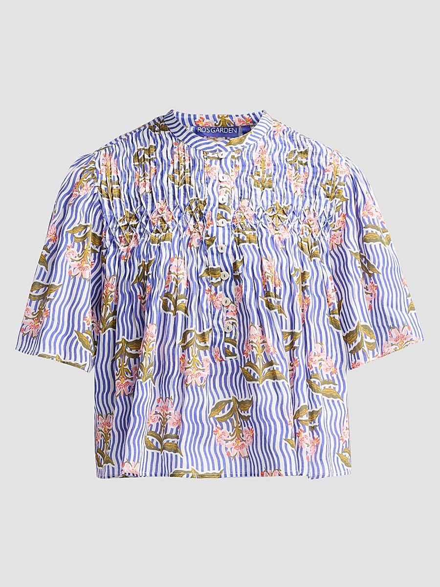 Women's Loretta Floral Striped Cotton Top - Blue Moana - Size XL