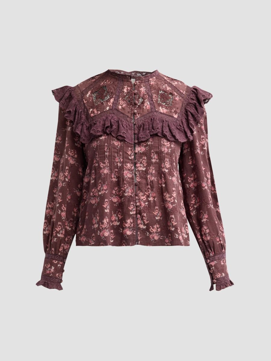 LoveShackFancy Women's Zephyra Floral Cotton Ruffle-Trim Top - Chocolate Truffle - Size XL