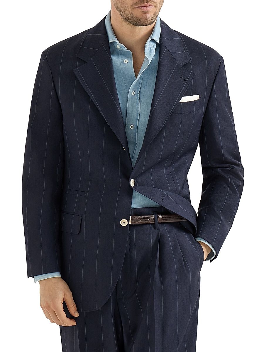 Men's Virgin Wool Chalk Stripe Tailor Blazer - Navy Blue - Size 48