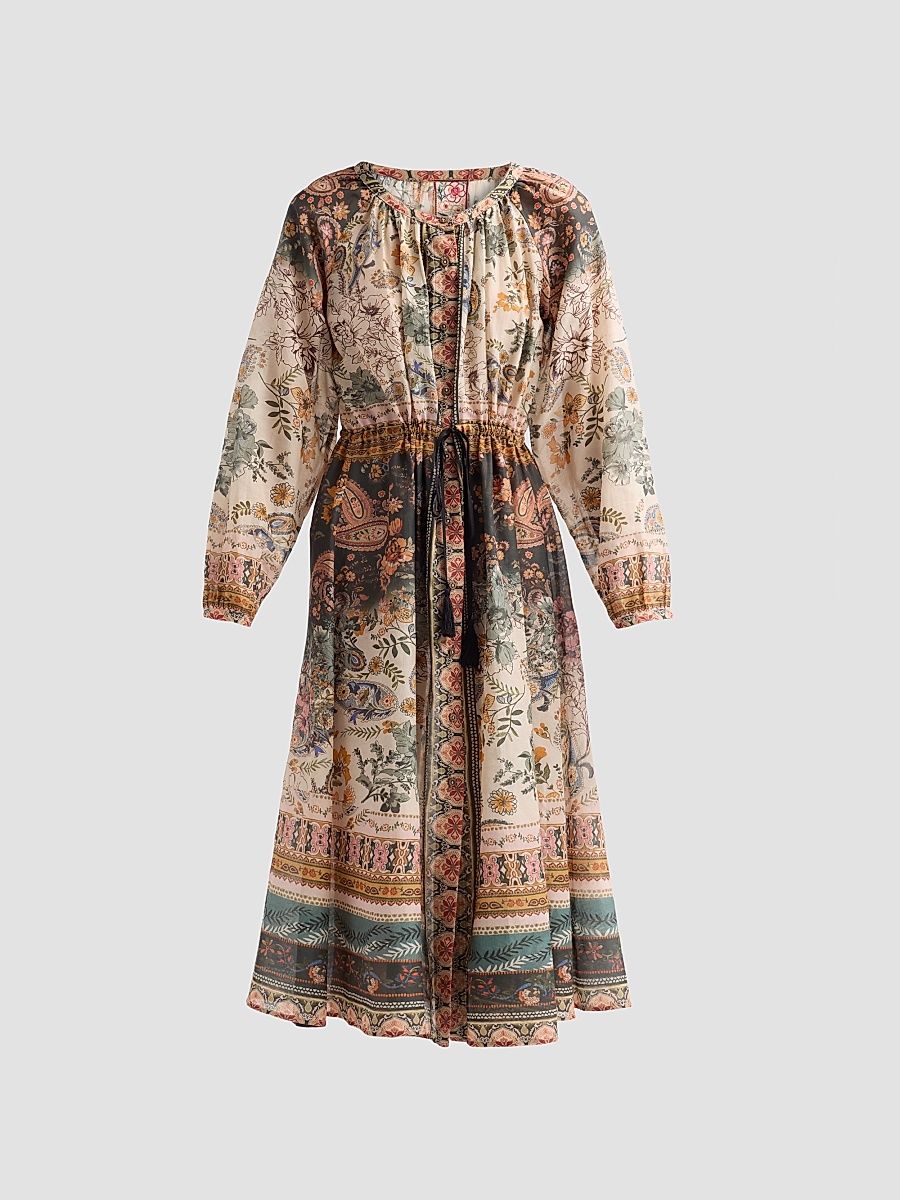 Women's Michaella Printed Cotton-Silk Midi Dress - Solana Scarf - Size Large