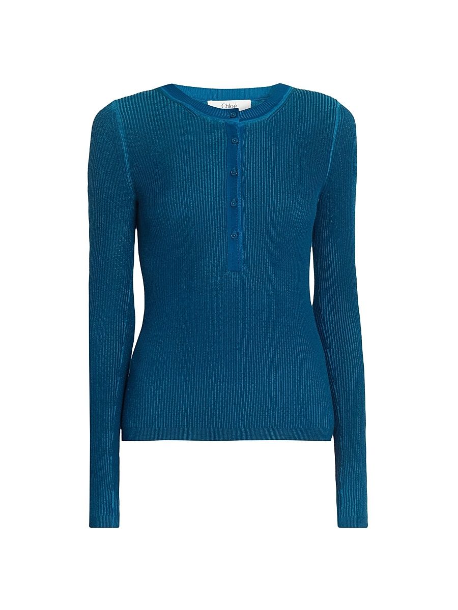 Women's Rib-Knit Wool-Blend Henley - Obscur Blue - Size XS