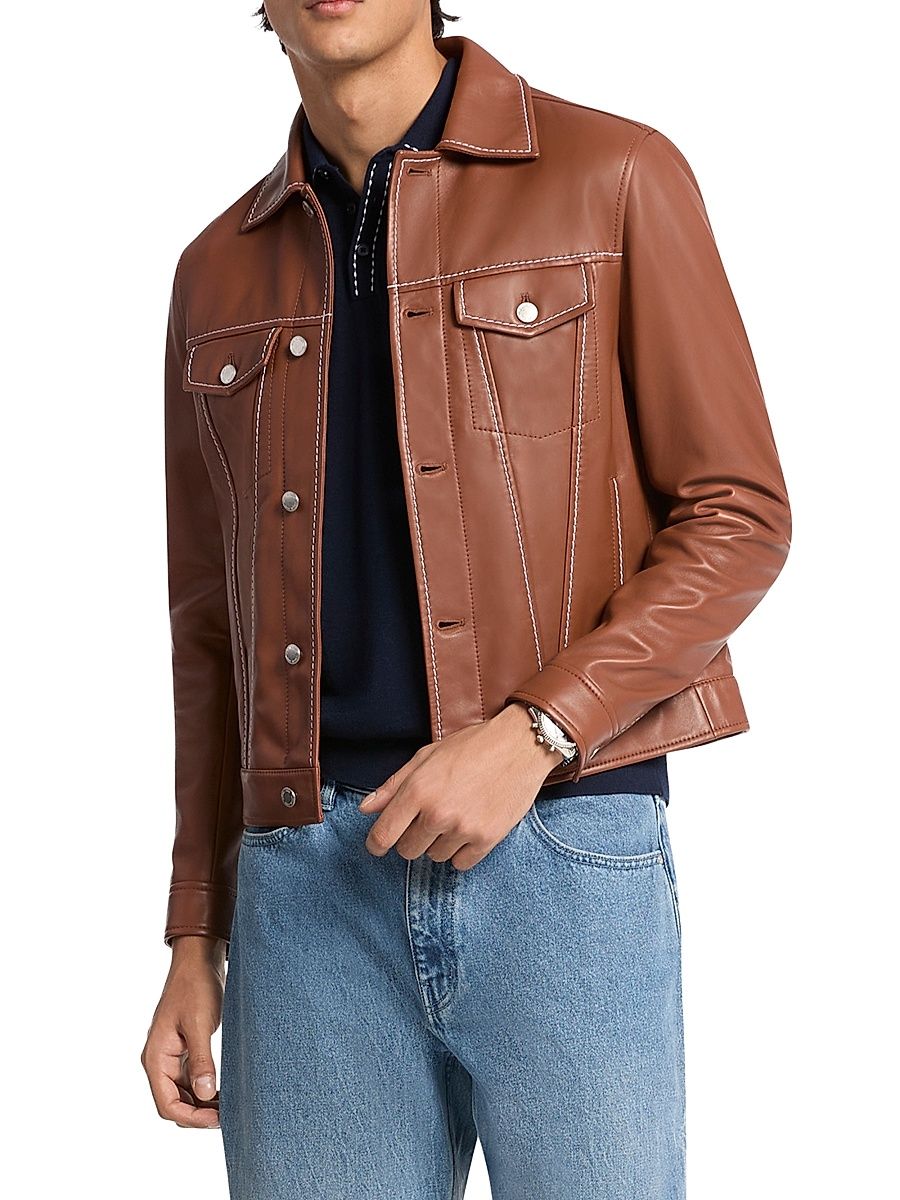 Men's Leather Trucker Jacket - Luggage - Size XL