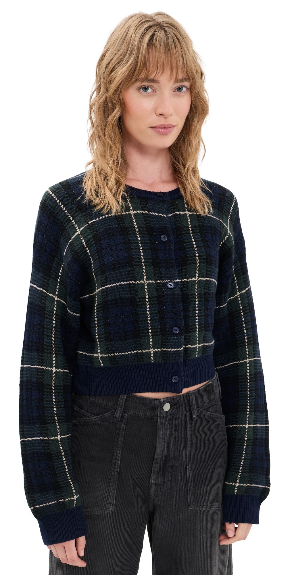 Good American The Shrunken Cardigan Forest Plaid M