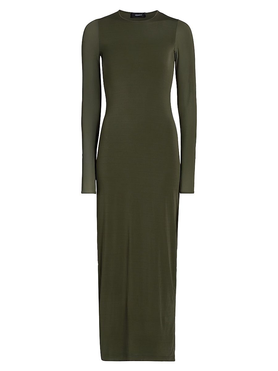 Women's Sheer Long-Sleeve Maxi Dress - Military - Size Large