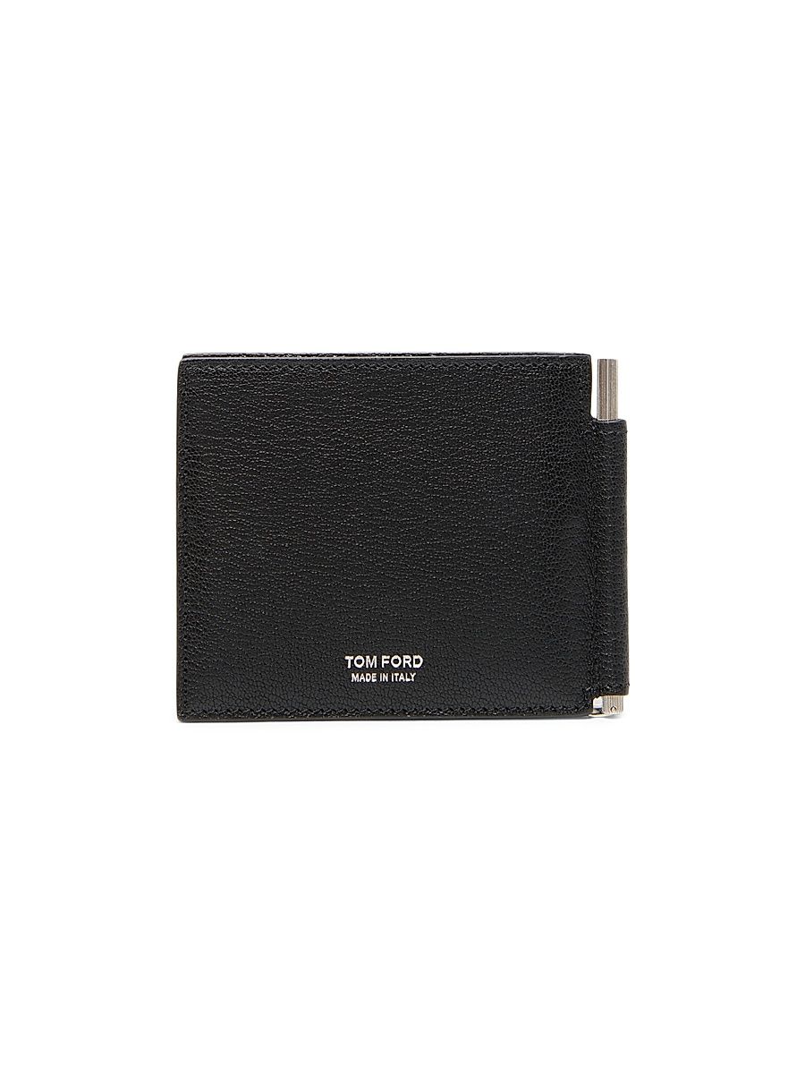Men's Elongated T-Line Leather Money Clip Wallet - Black