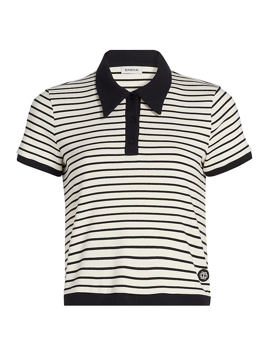 Women's Cullen Striped Stretch Cotton-Blend Polo Shirt - White Stripe - Size XL