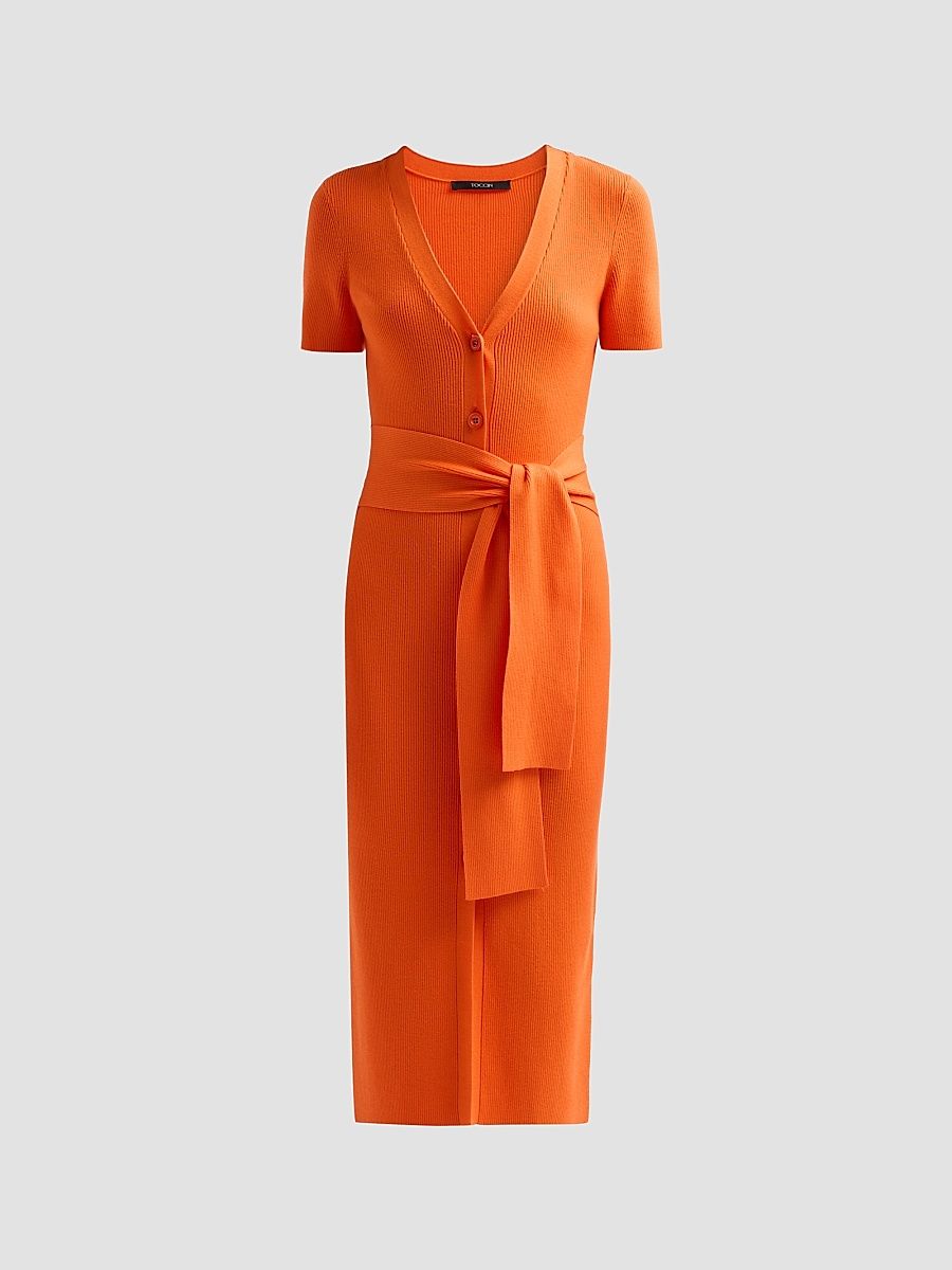 Women's Agnes Ribbed Tie-Front Midi Dress - Flame - Size XS