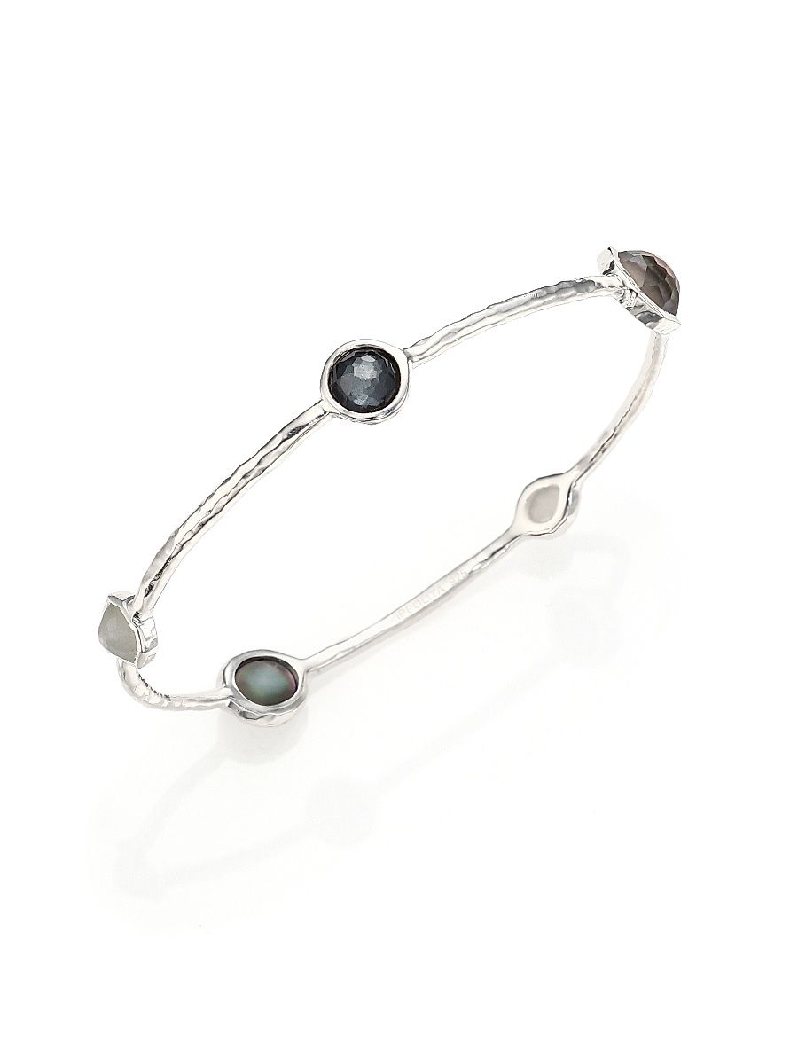 Women's Rock Candy Black Tie Semi-Precious Multi-Stone & Sterling Silver Station Bangle Bracelet - Silver Black