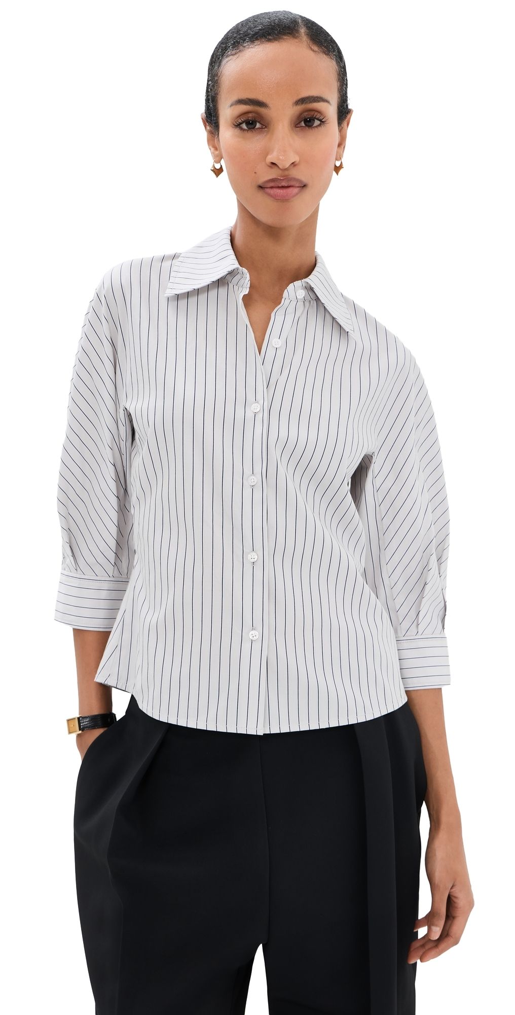 Kallmeyer Colette 3/4-Sleeve Button Down Shirt Navy Stripe 12
