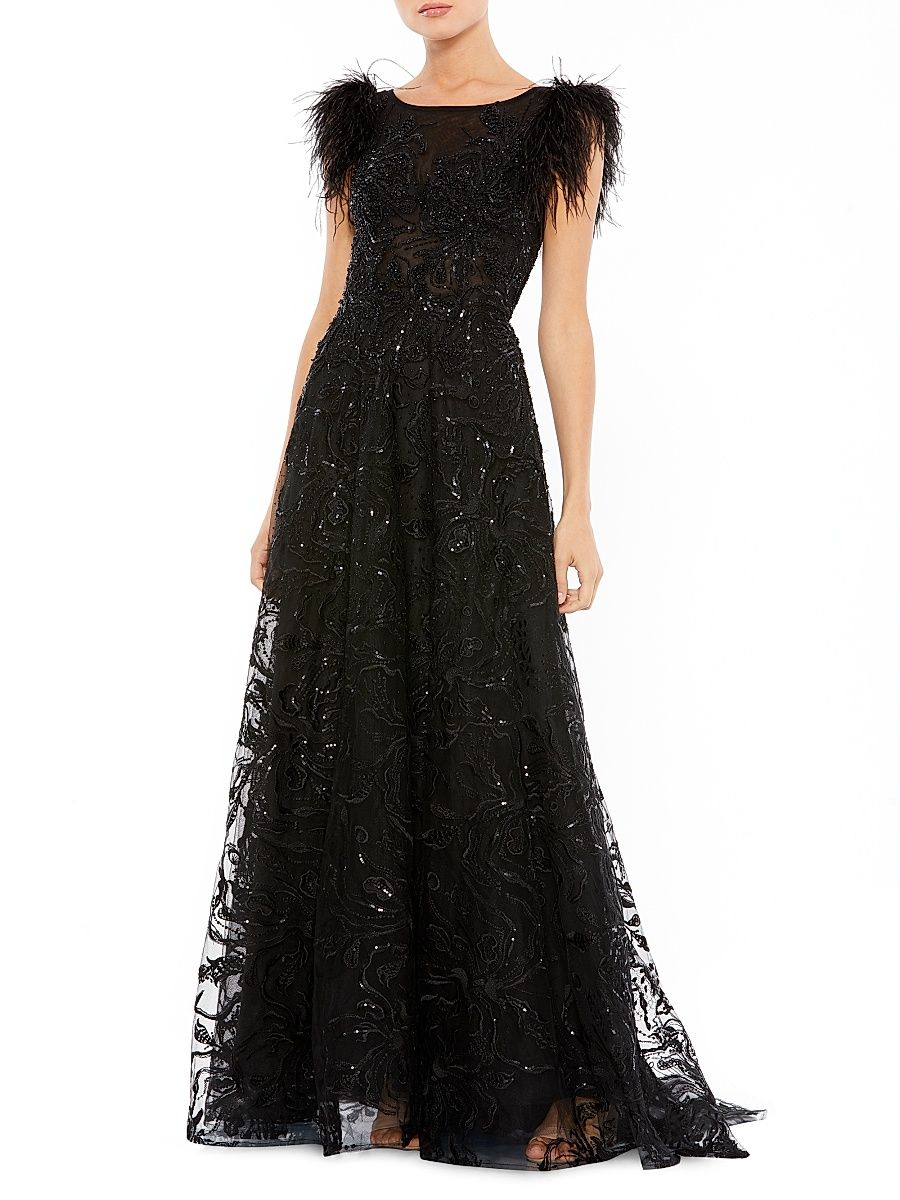Women's Feathered A-Line Gown - Black - Size 18
