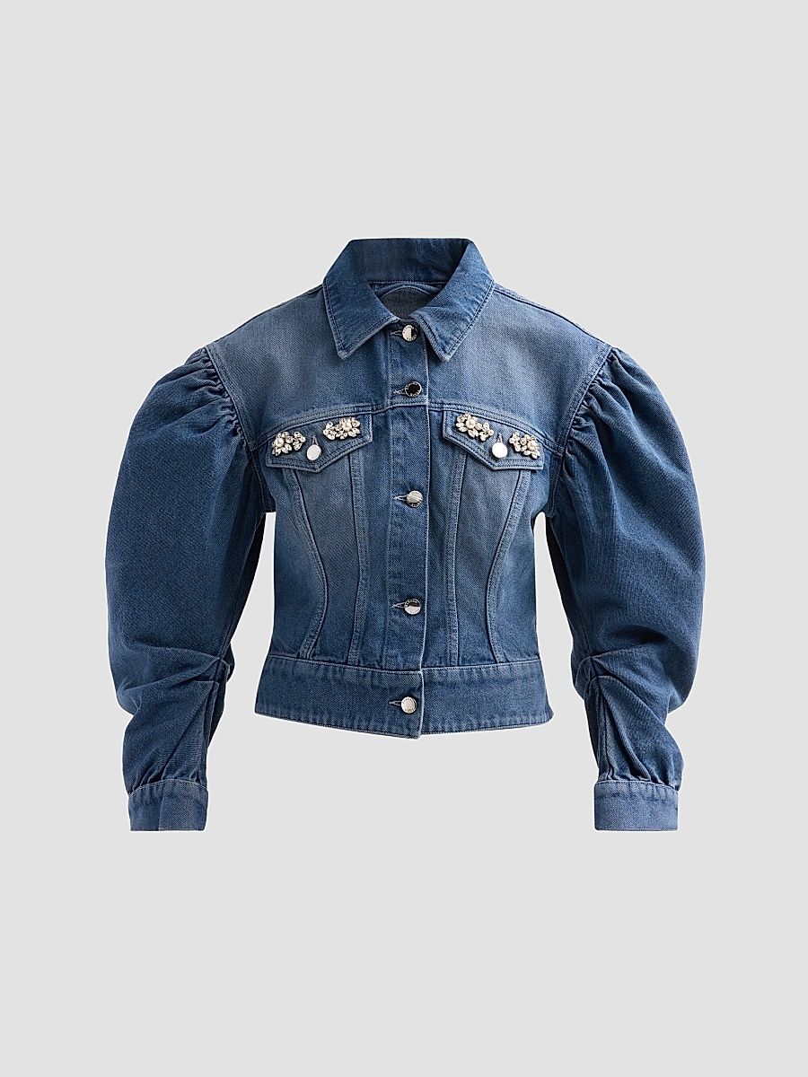 Women's Sculpted Puff-Sleeve Denim Jacket - Indigo Pearl Clear - Size 8