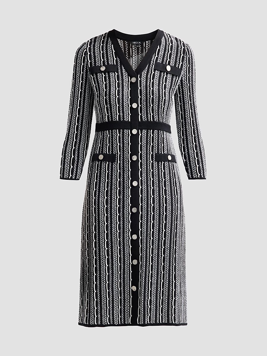 Women's Vertical Stitch Knit Sheath Dress - Black New Ivory - Size XXL