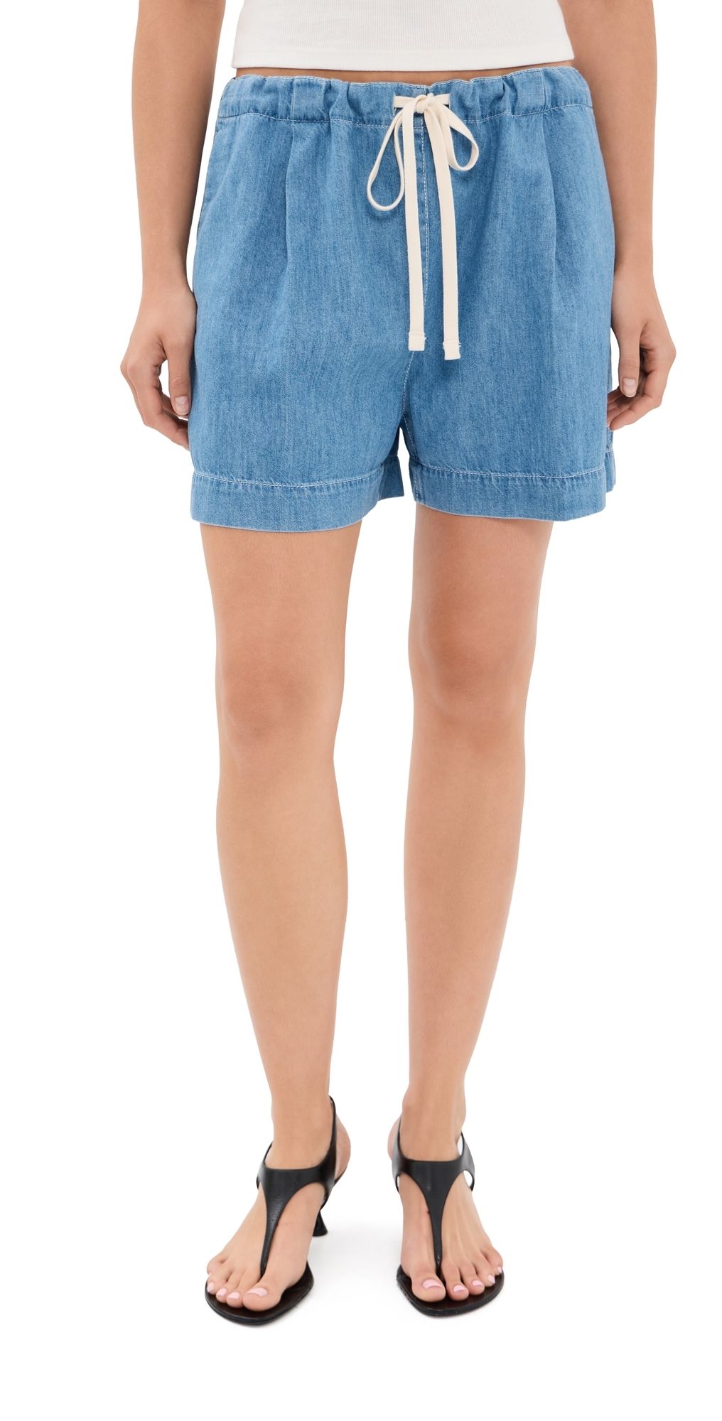 Another Tomorrow Chambray Drawstring Shorts Light Blue Wash L