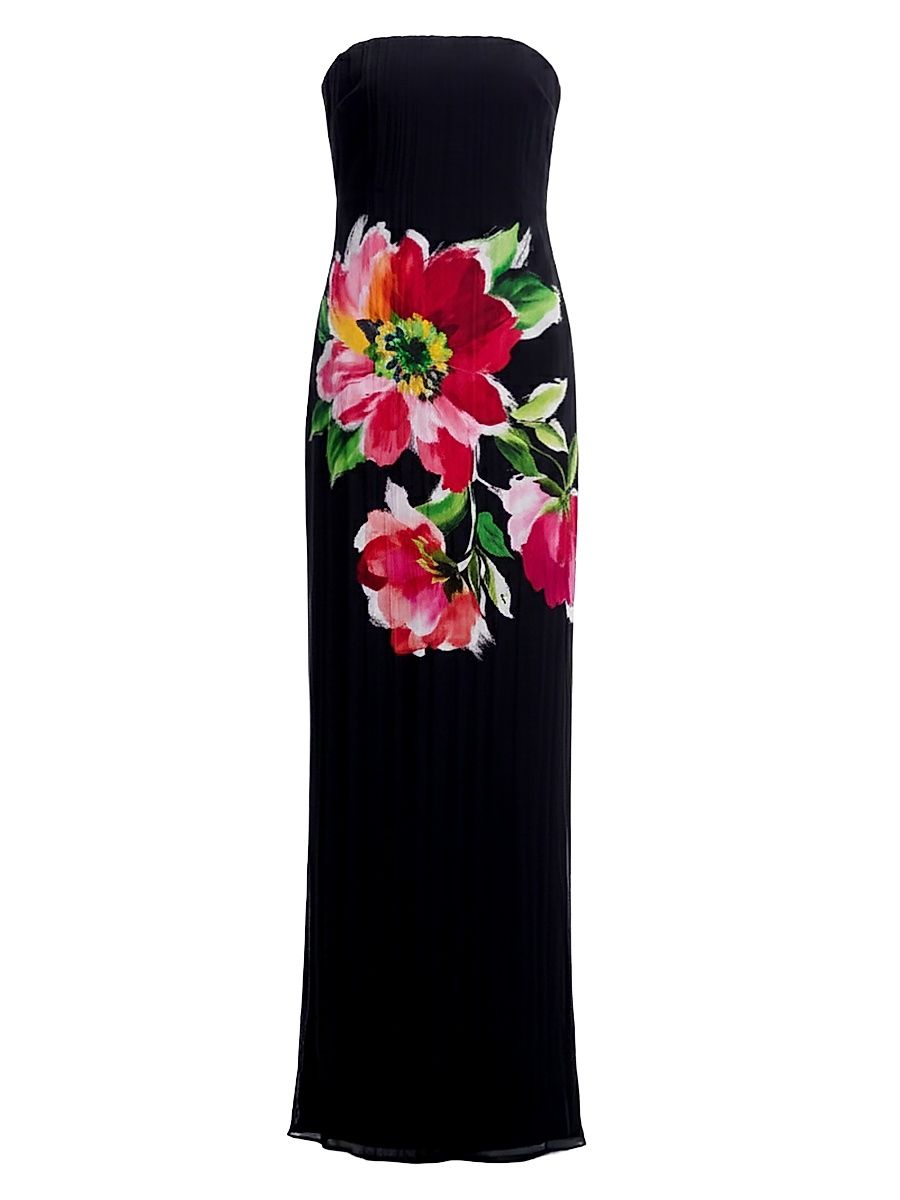 Women's Linda Floral Strapless Gown - Black Multi - Size Large