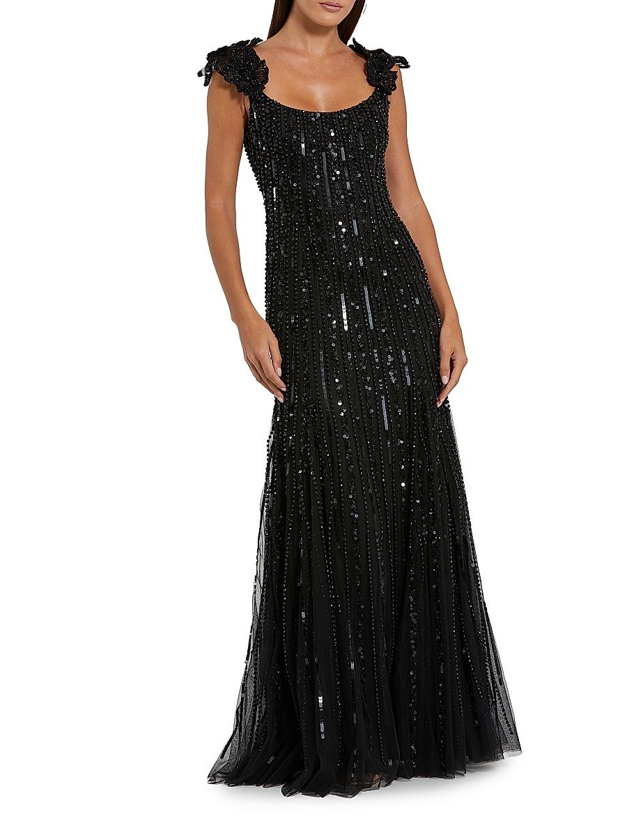Women's Evening Beaded Floral Mesh Gown - Black - Size 14