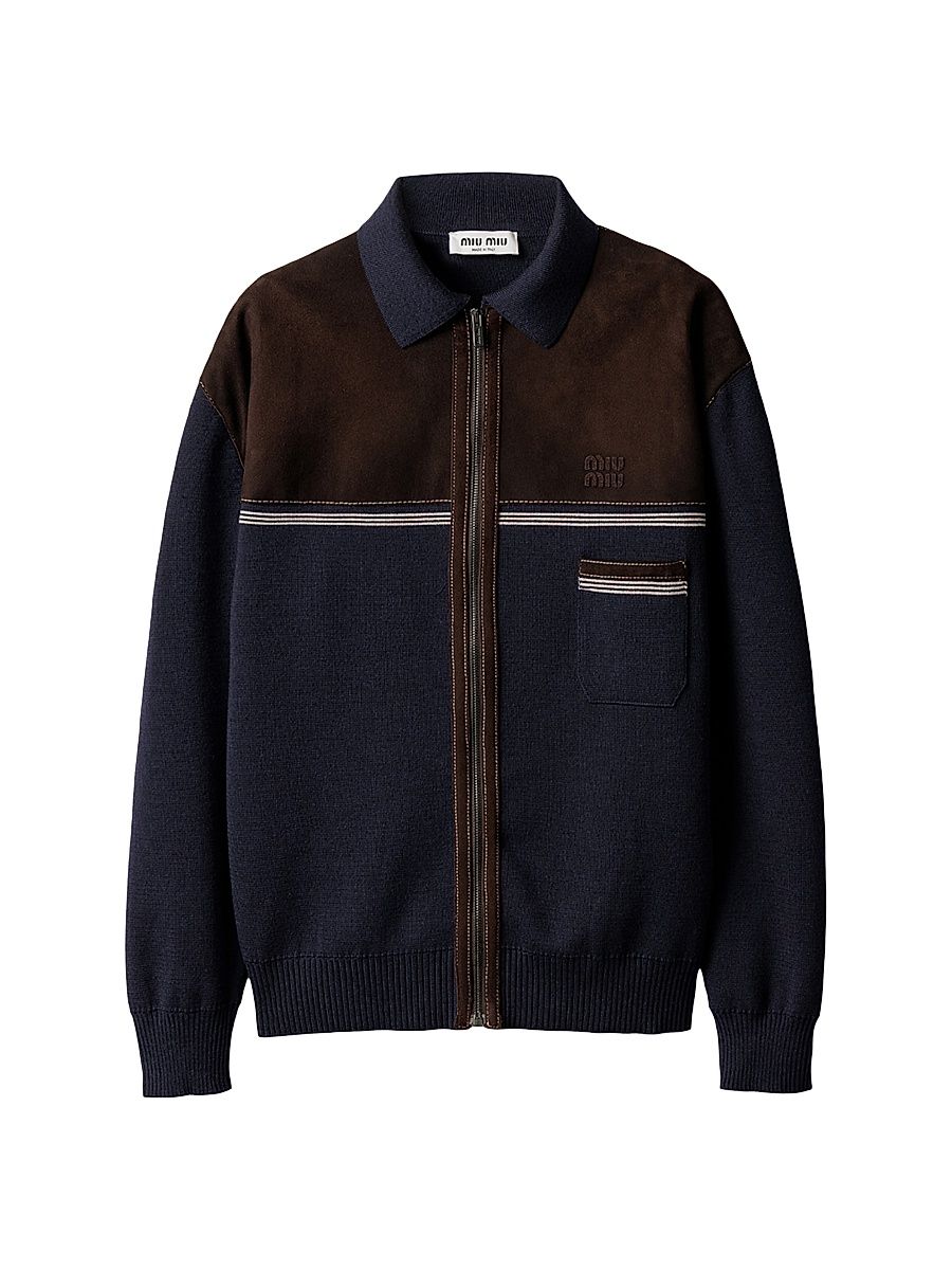 Women's Wool and Leather Zipper Cardigan - Blue - Size 10