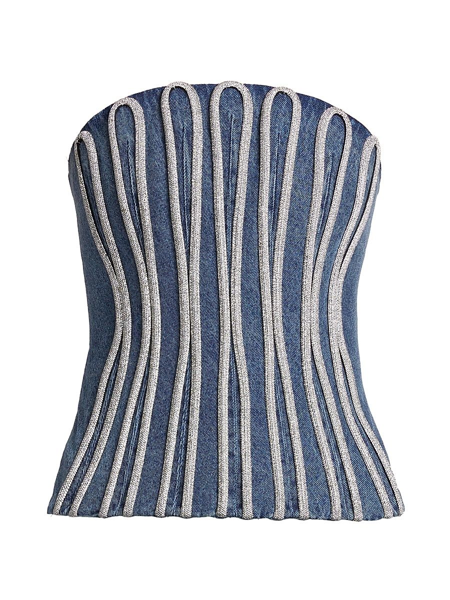 Women's Sabrina Rhinestone-Piped Denim Bodice - Washed Indigo - Size 10
