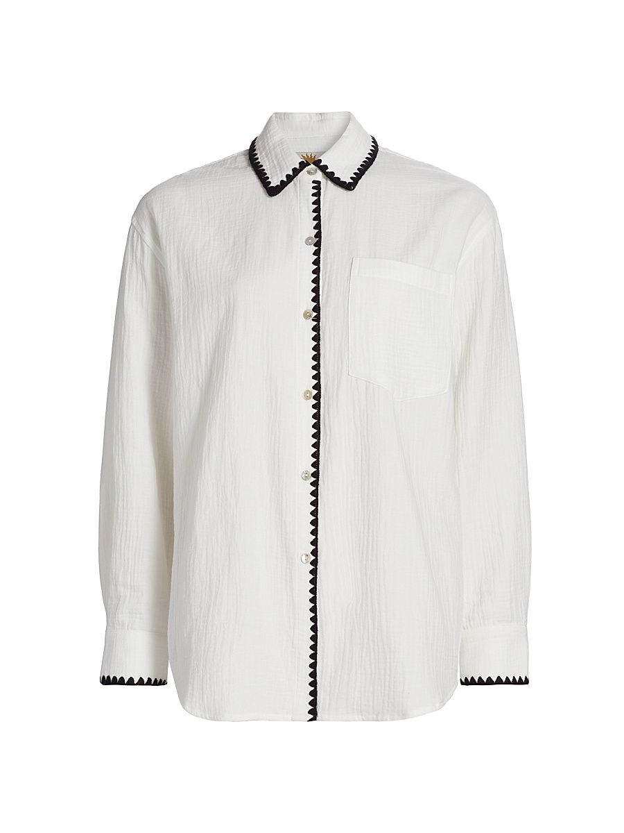 Women's Idania Contrast-Piped Cotton Shirt - Black Blanket Stitch - Size Large