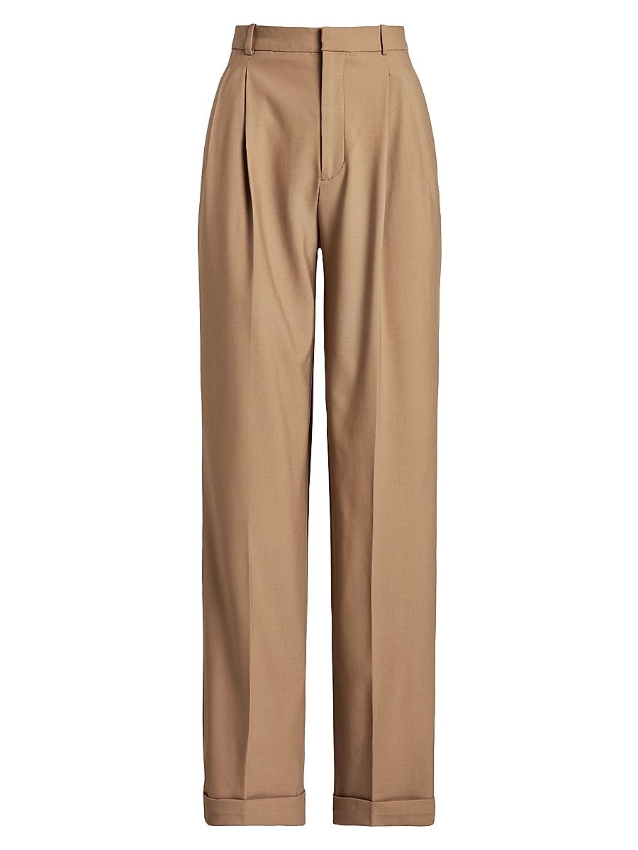 Women's Wool Pleated Wide-Leg Pants - Camel - Size 8
