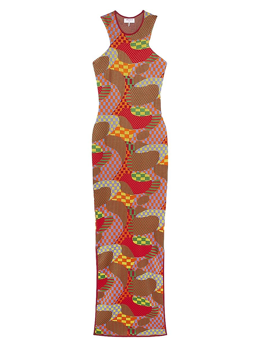 Women's Checkered Jacquard Maxi Dress - Arancio Verde - Size Medium