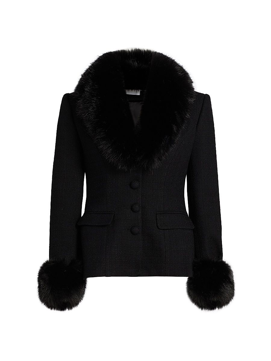 Women's Boucle Faux-Fur Tailored Jacket - Black - Size 10
