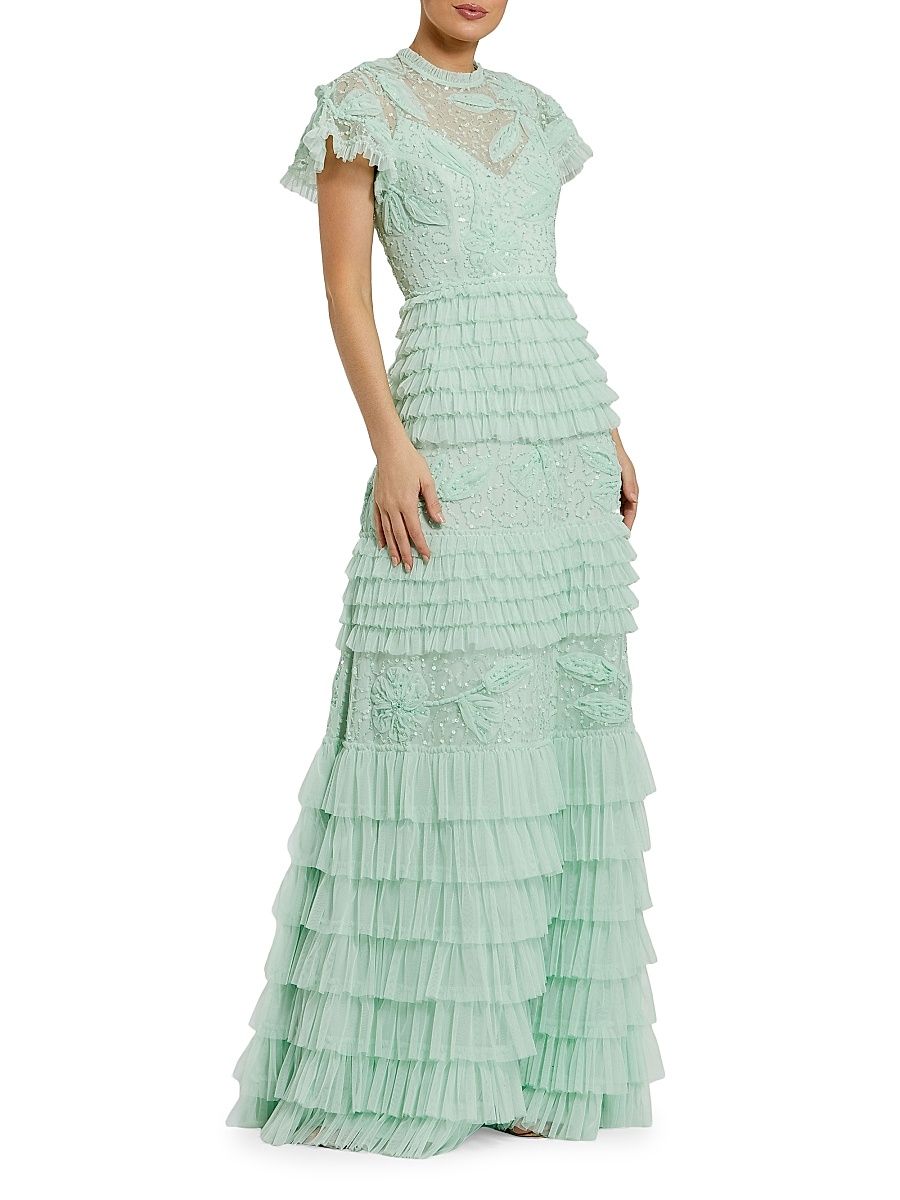 Women's Sequin-Embellished Micro-Ruffle A-Line Gown - Sage - Size 16