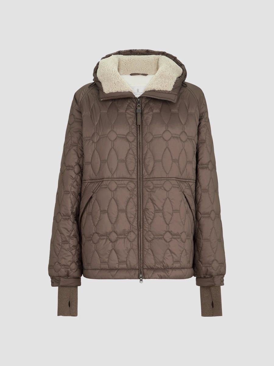 Brunello Cucinelli Women's Water-resistant Matte Nylon Outerwear Coat With Thermore Padding, Shearling And Shiny Zipper Pull - Coffee - Size 10