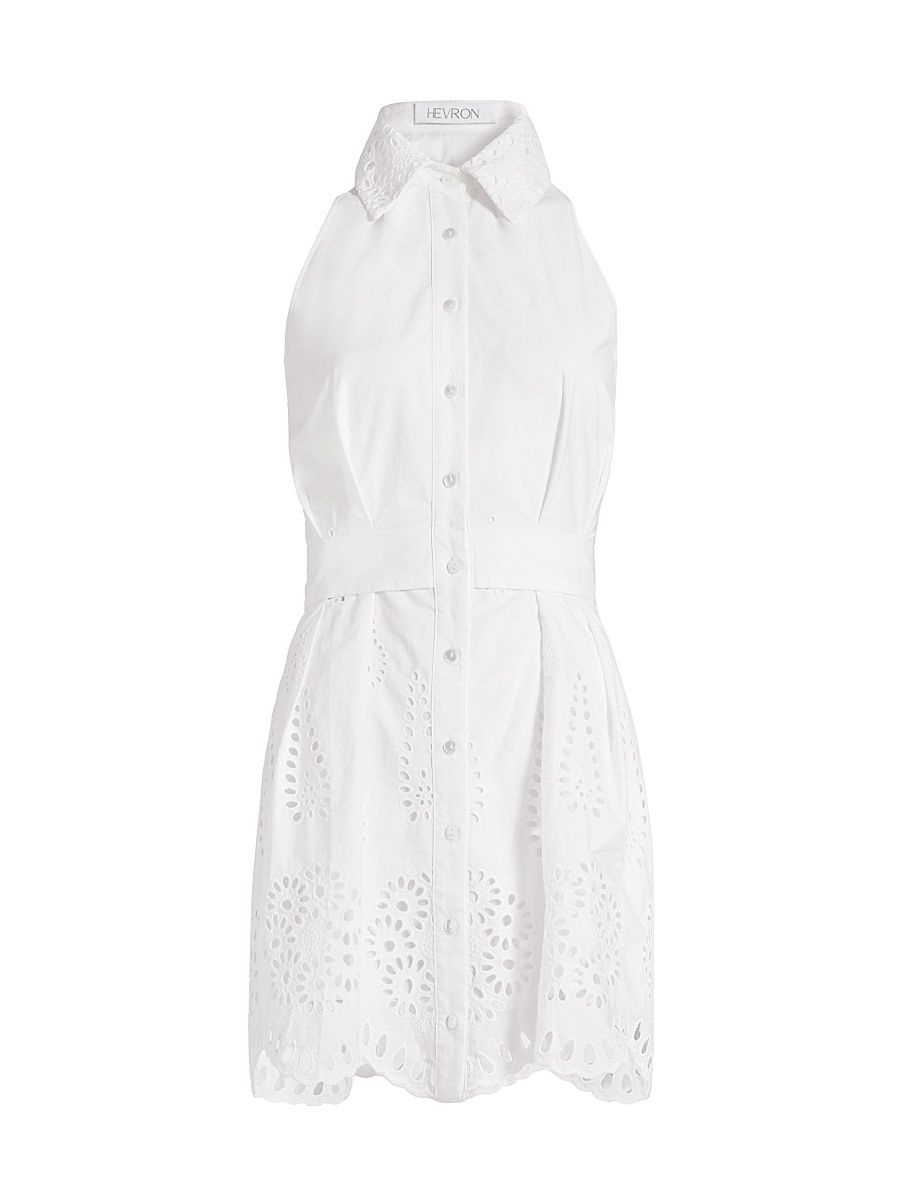 Women's Domino Eyelet Cotton Mini-Shirtdress - White - Size Medium