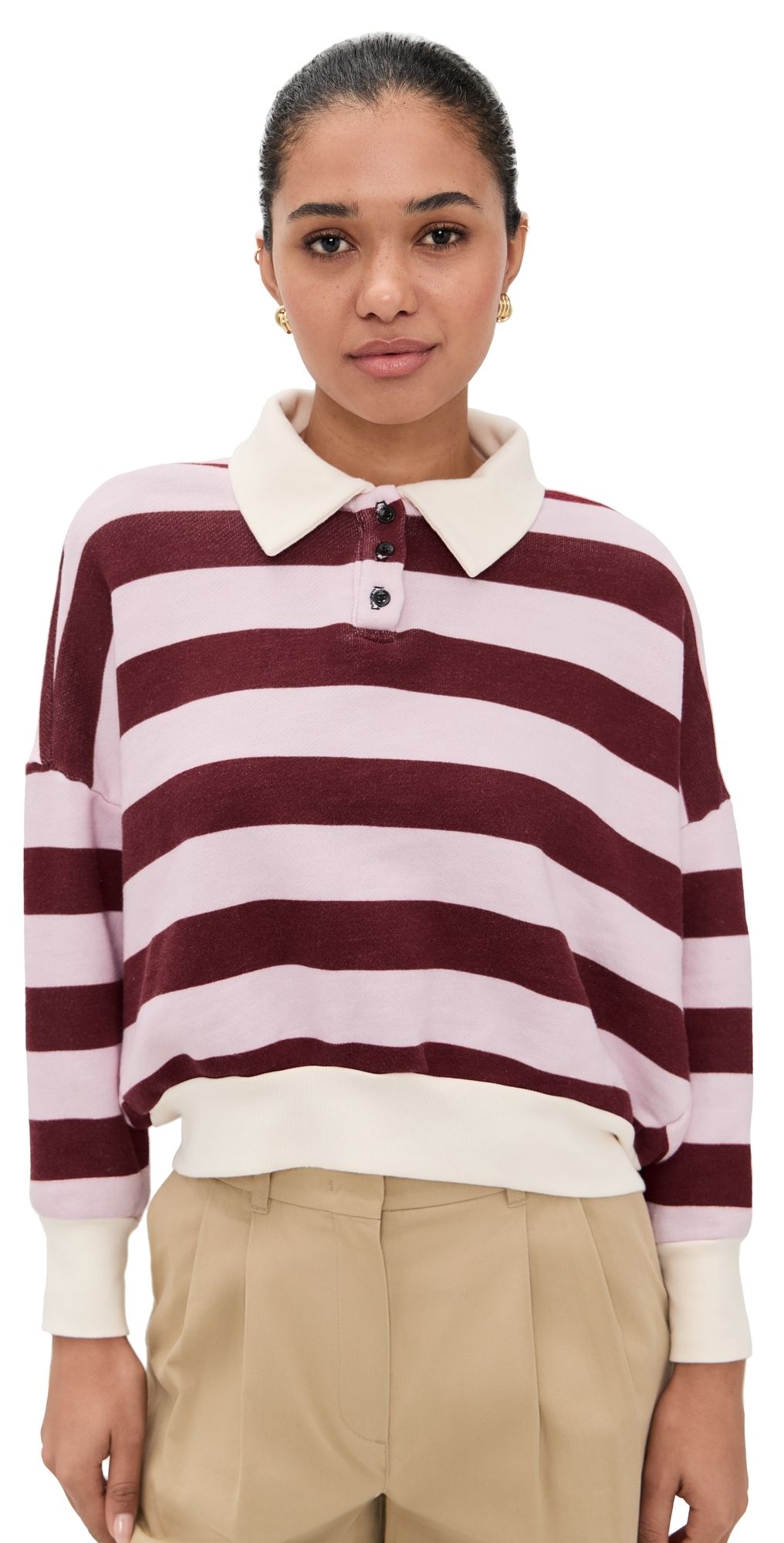 ASKK NY Polo Sweatshirt Black Cherry Pink Stripe L