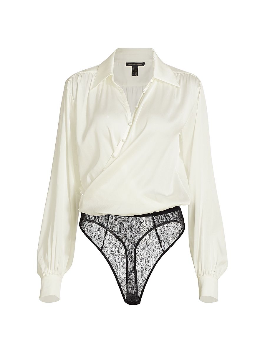 Women's Crossover Satin & Lace Bodysuit - Ivory - Size Small