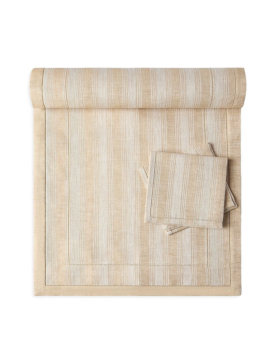 Runner and Two Napkins Set in Striped Linen - Camel
