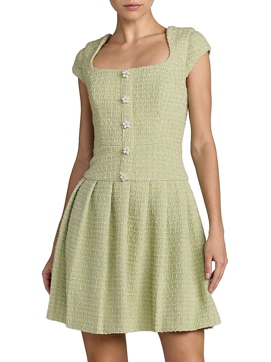Women's Bouclé Pleated Square-Neck Minidress - Sage - Size 12