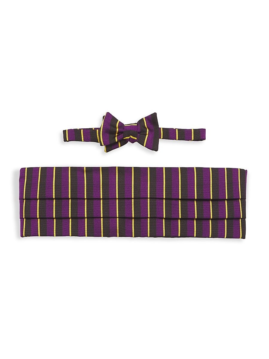 Men's Silk Striped Bow Tie & Cummerbund Set - Purple Yellow