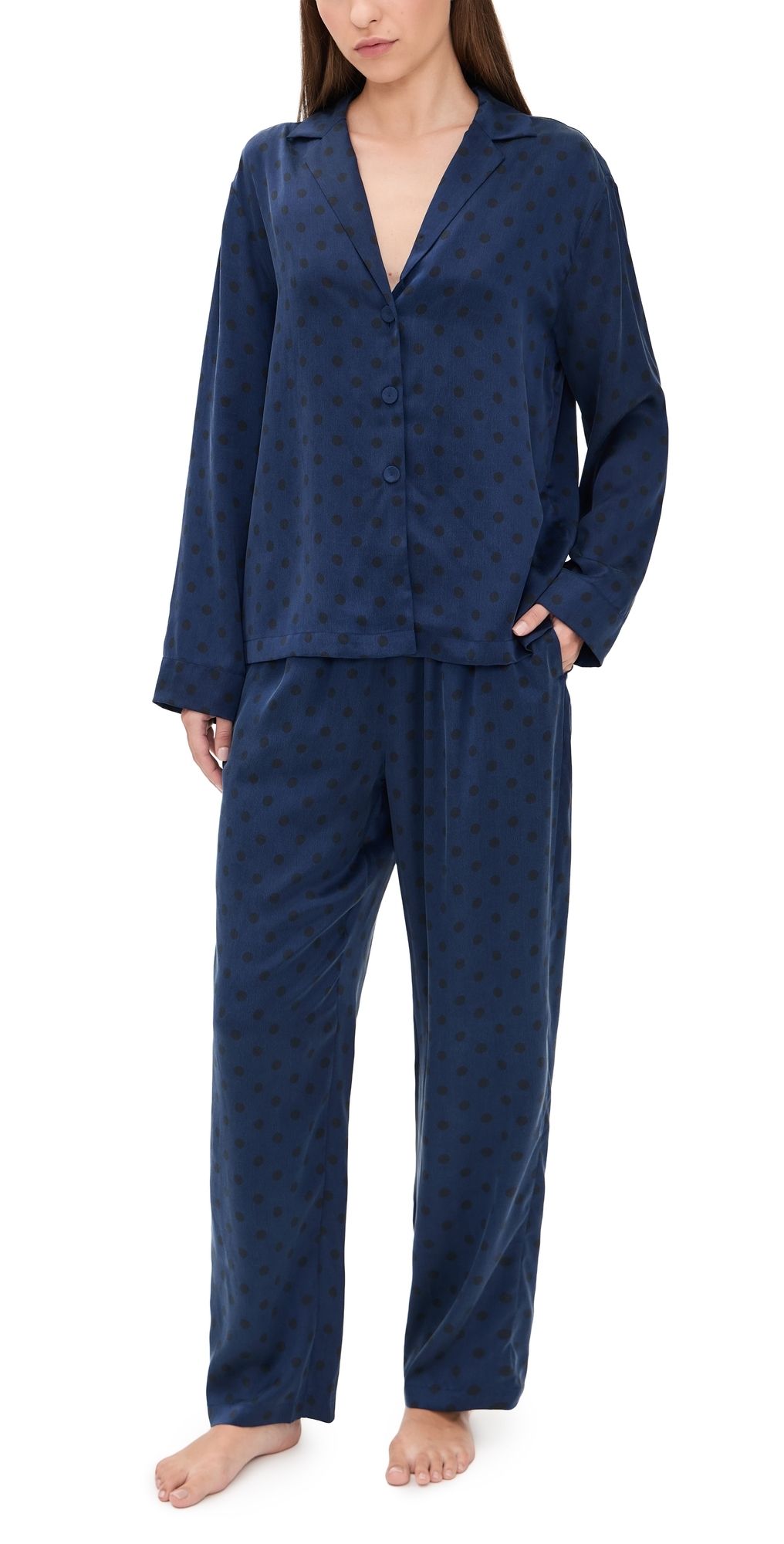 Lunya Washable Silk Long Sleeve Shirt and Pants Set Blue Ellipsis XS
