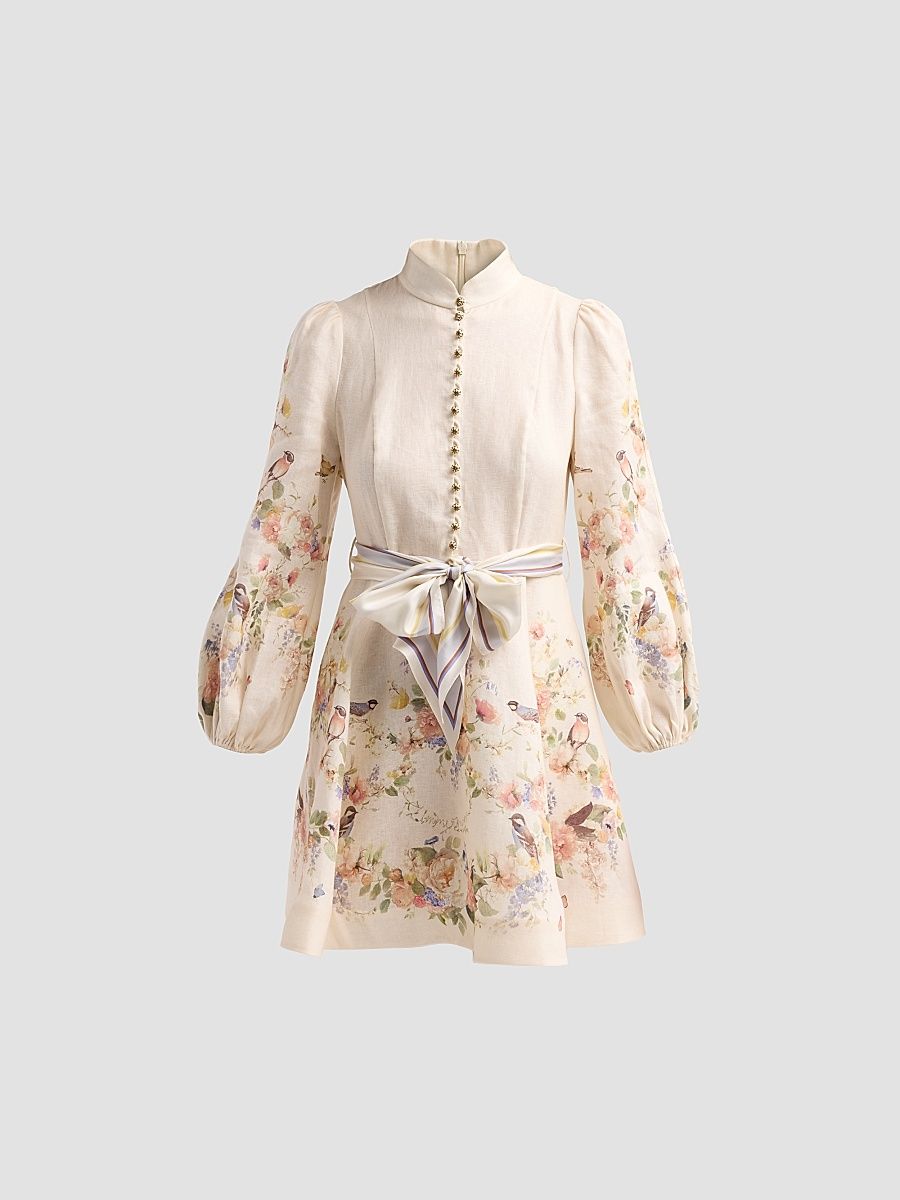 Women's Valiant Floral Linen Button Mini Dress - Cream Bouquet - Size 6