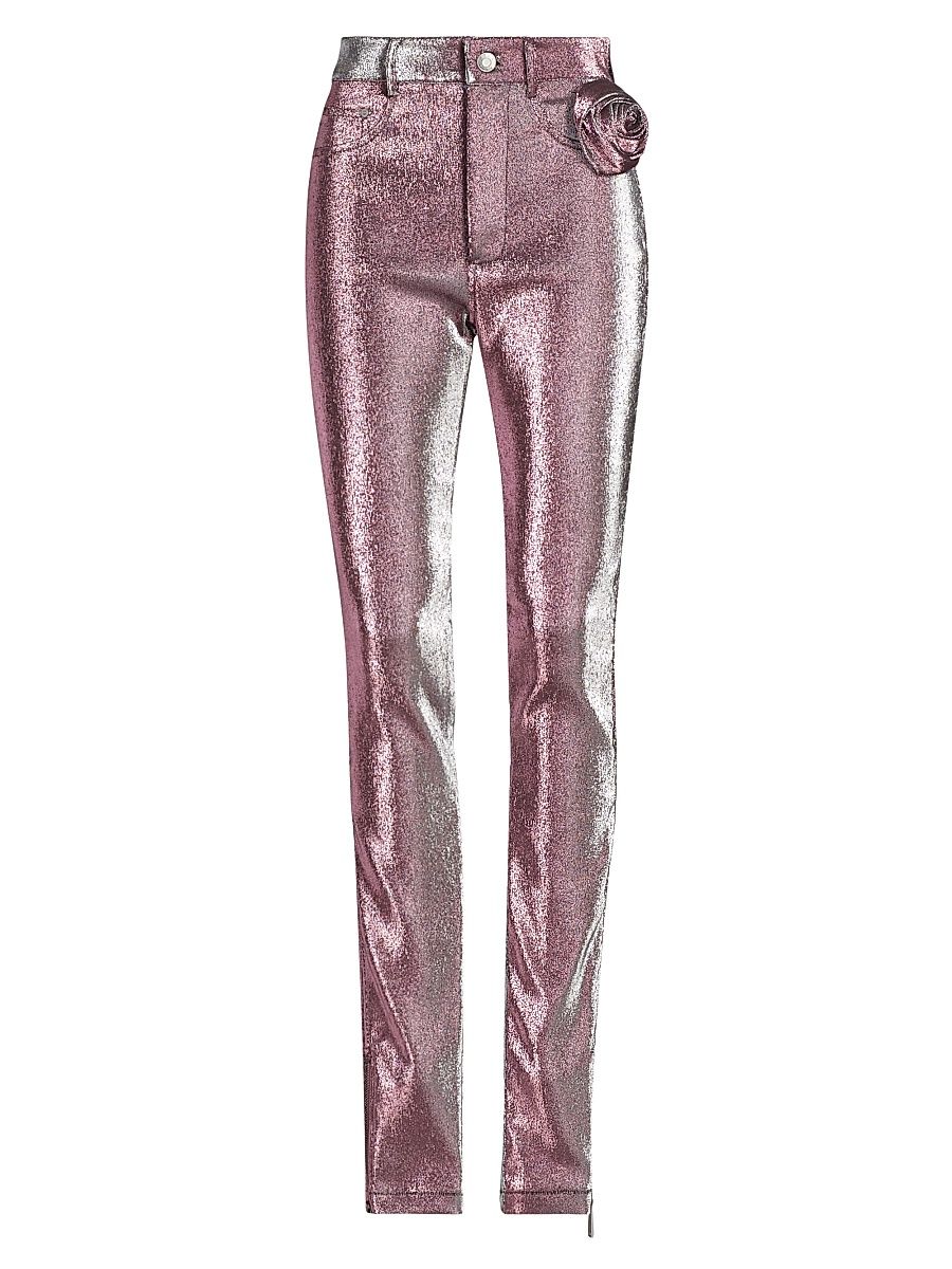 Women's Stretch-Lamé Rosette Leggings - Pink Silver - Size Small
