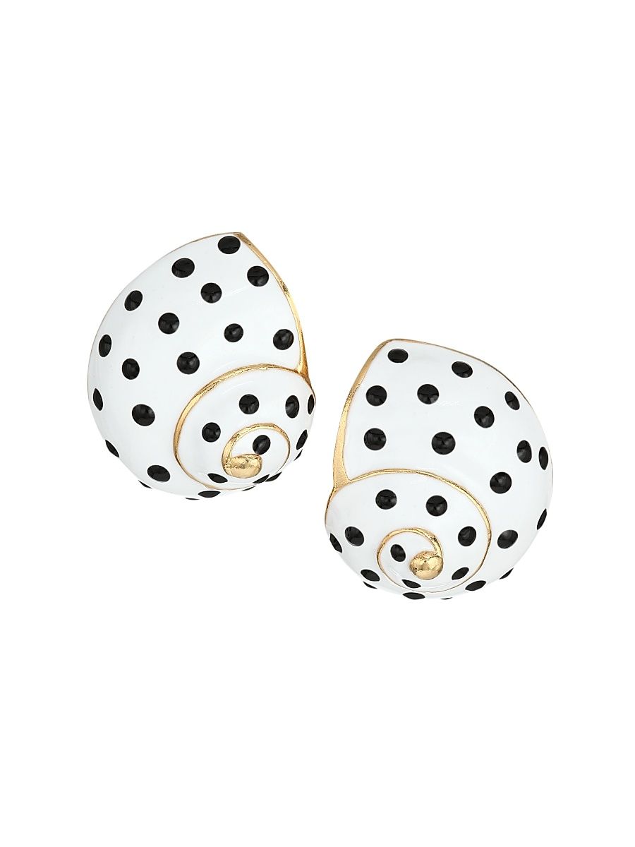 Women's Black Dotted White Enamel Snail Shell Clip-On Earrings - White Black Dots