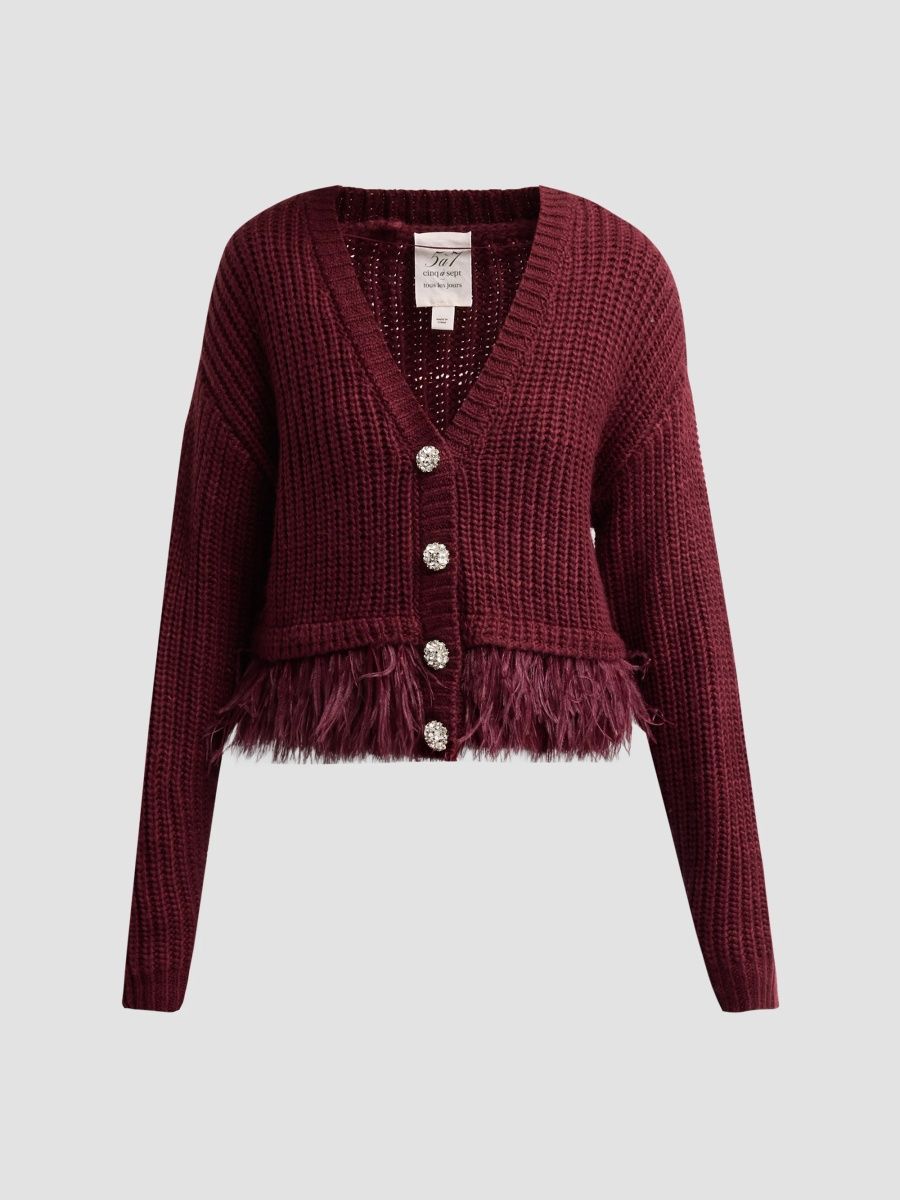 Women's Krissi Feather-Trim Cardigan - Black Cherry - Size XL