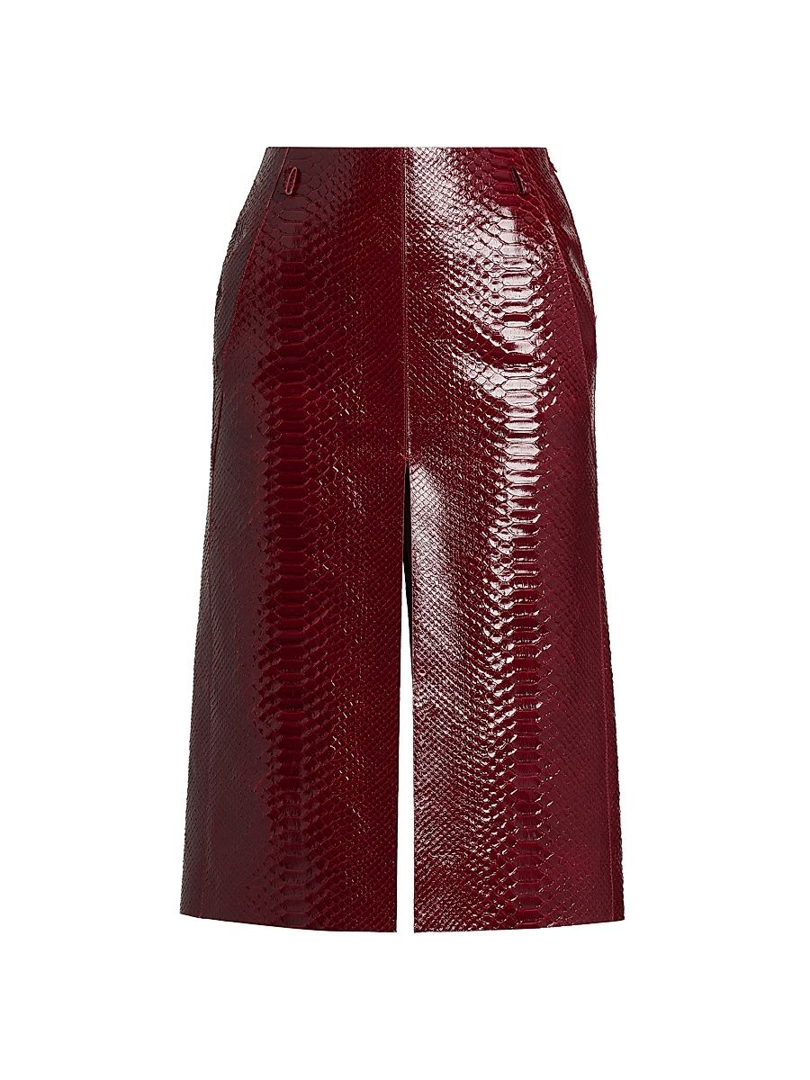 Women's Snake-Effect Leather Midi-Skirt - Ruby Red - Size 12
