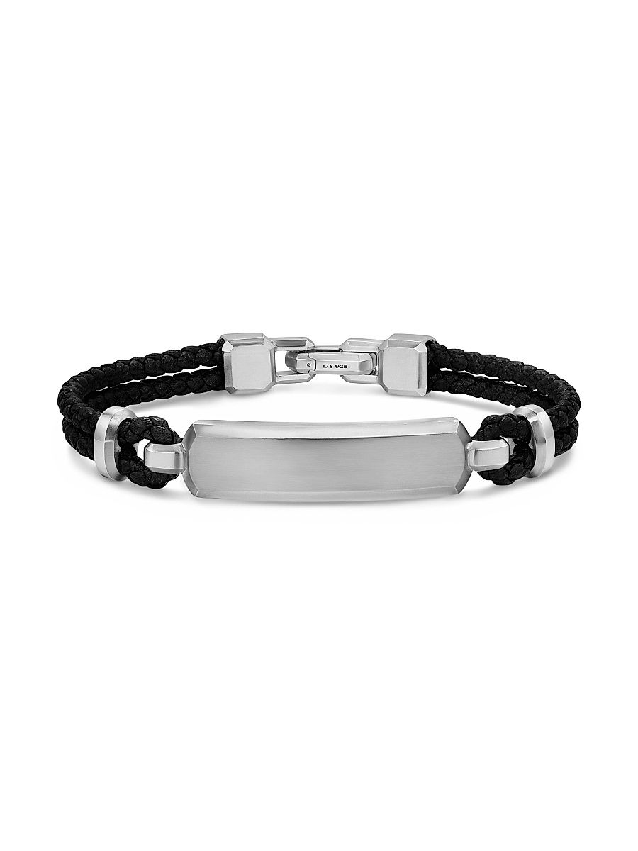 Men's Streamline ID Bar Bracelet in Black Leather - Silver - Size Medium