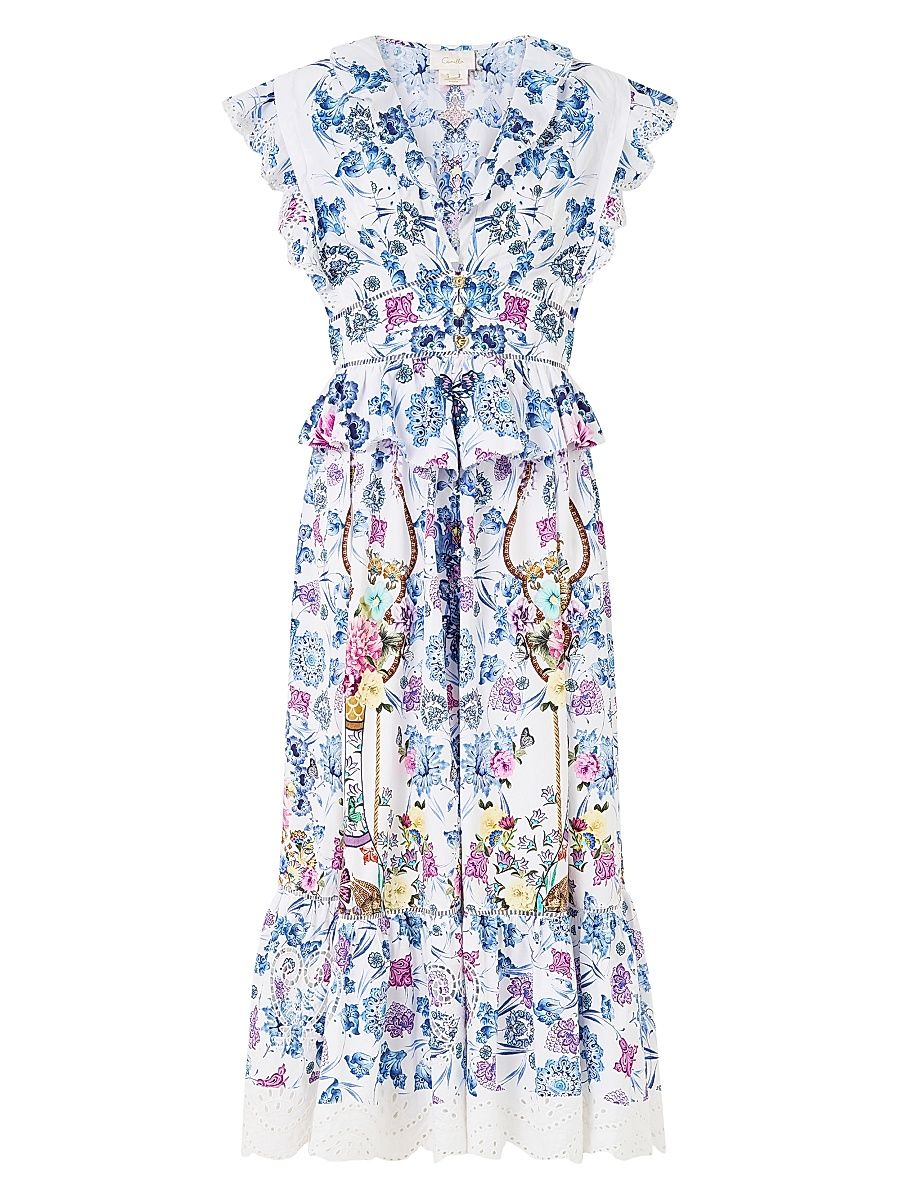 Women's Floral Ruffled Cotton Midi-Dress - All About That Lace - Size XS