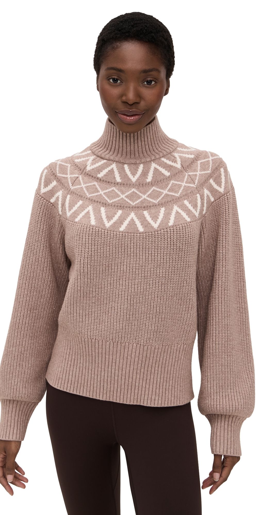 Varley Marcie Fair Isle Yoke Knit Sweater Light Taupe Marl M