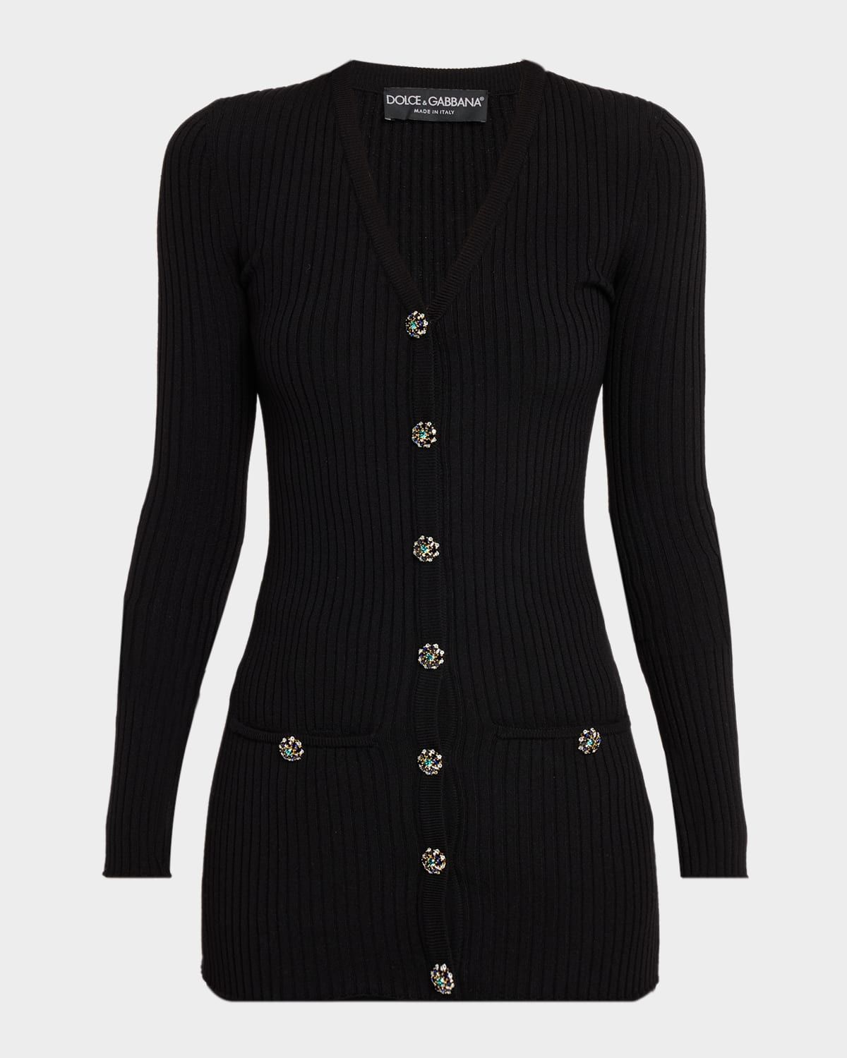 Crystal-Button Slim Wool Rib V-Neck Cardigan