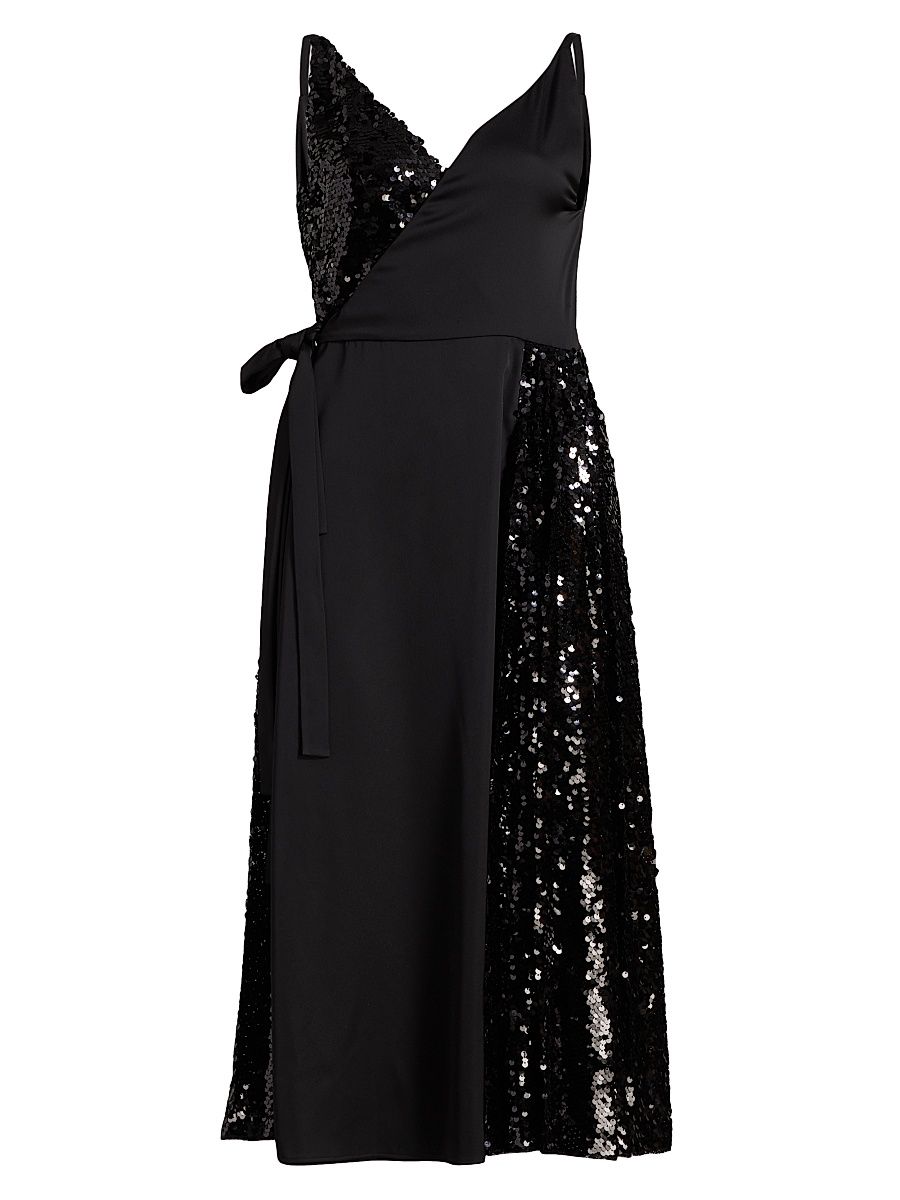 Women's Sequined Mixed Media Wrap Dress - Black - Size 12