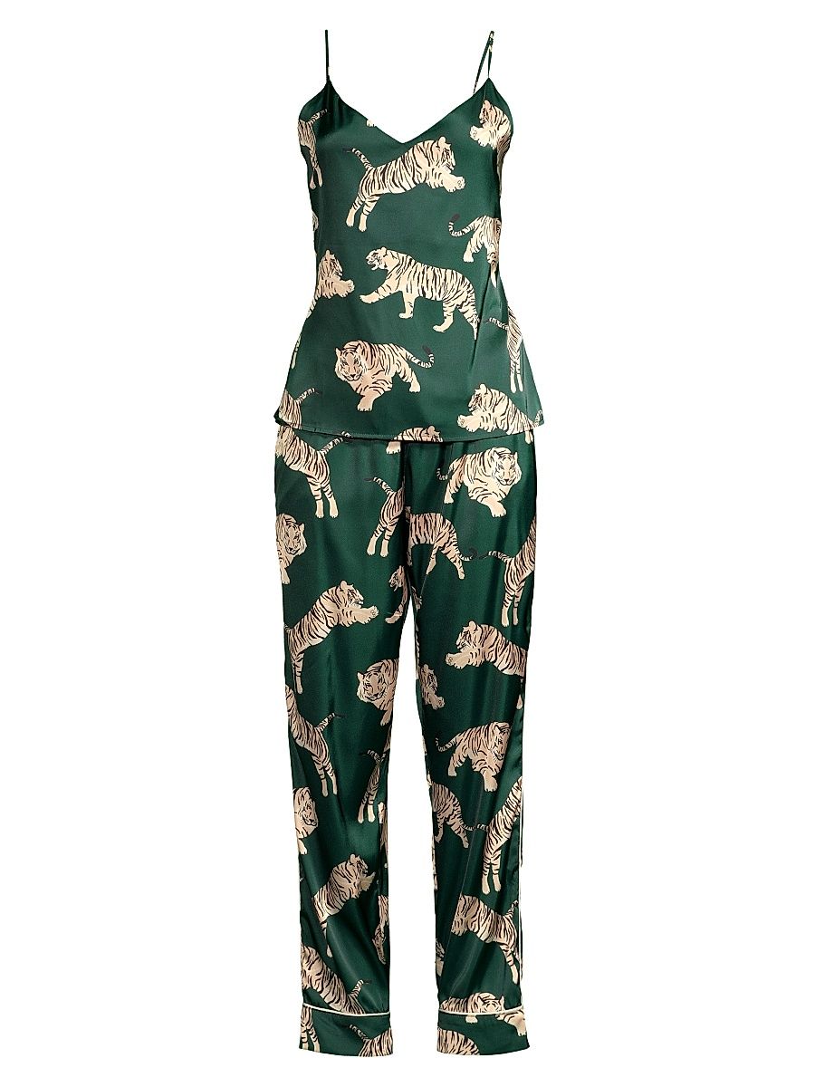 Women's Tiger-Print Zola Long Camisole Pajama Set - Emerald Green - Size XL