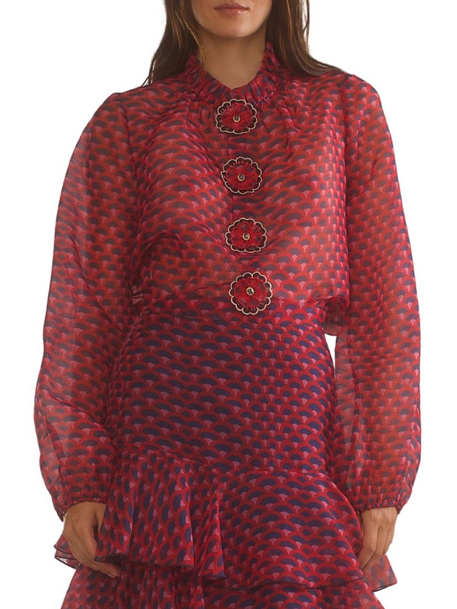 Women's Flower Silk Organza Blouse - Red Navy - Size XS