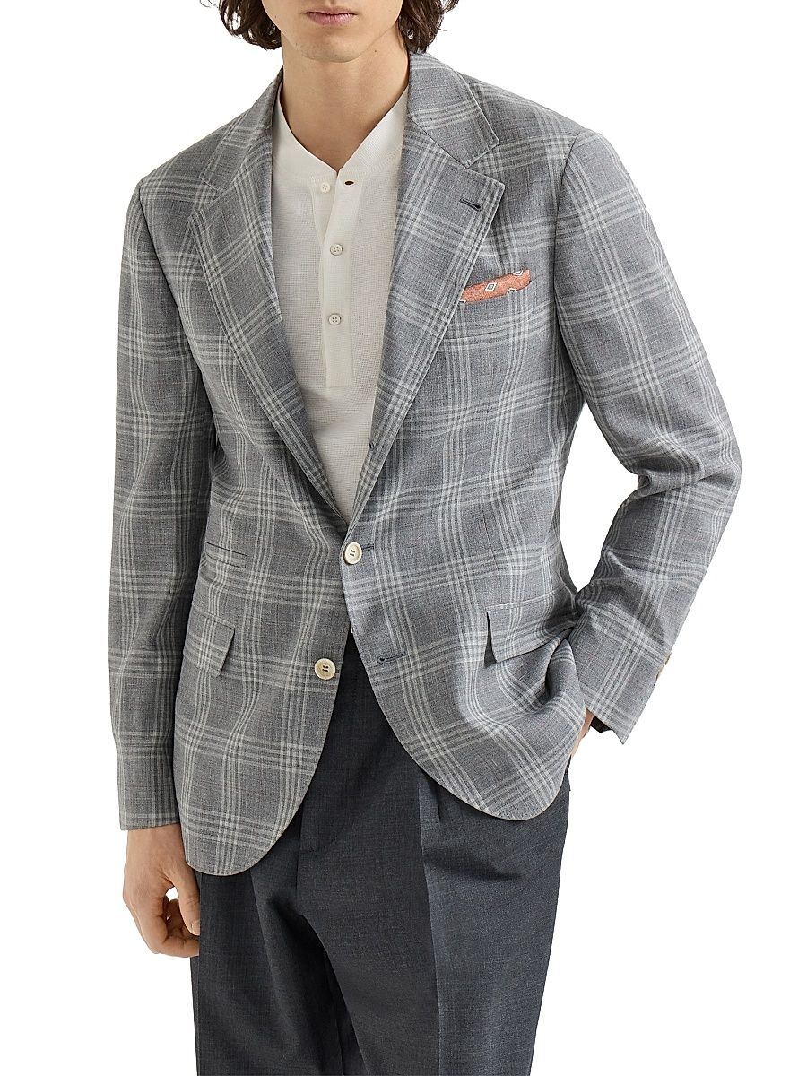 Men's Wool, Silk and Linen Tartan Deconstructed Blazer - Light Grey - Size 48