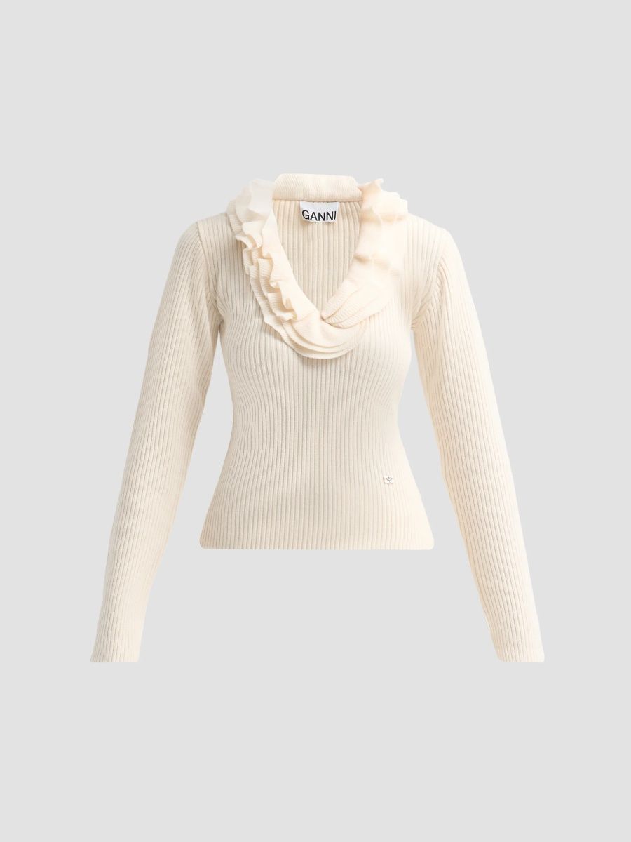 Ganni Women's Rib-Knit Merino Wool Frill Long-Sleeve Top - Egret - Size XXS