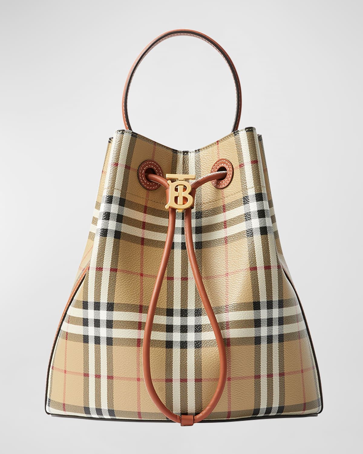 Check Small Drawstring Bucket Bag